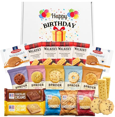 Happy Birthday Biscuits Gift Set Bundle With x35 Individually Wrapped Biscuits - Happy Birthday Hamper with Border Biscuits, Walkers Shortbread, Custard Creams, Stroopwafels Caramel & More