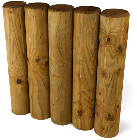 Set di 5 palizzate in legno KDI marrone, Ø 10 cm, lunghezza a scelta: 50 cm o 75 cm, impregnate, fresate e smussate, legno rotondo per giardino, bordatura per aiuole e paesaggistica (lunghezza 50 cm)