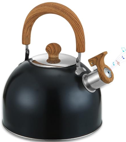 VEGOATY Bouilloire de 3 L compatible induction : acier inoxydable demi-cercle à fond plat noir, bouilloire en acier inoxydable, bouilloire sifflante, bouilloire rétro pour la cuisine, la maison et le