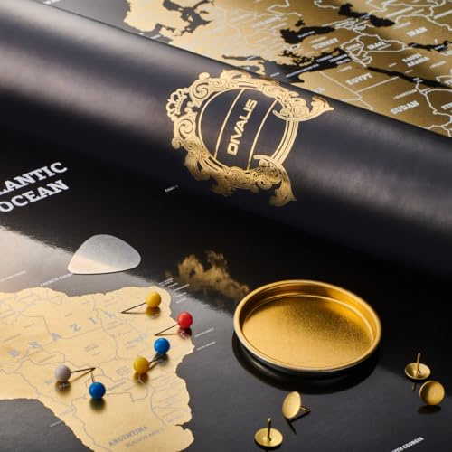 Extra Große Rubbel-Weltkarte Schwarz-Gold Leicht Einzurahmen – XL Karte Abkratzen Schwarz – Das beste Geschenk einer Weltposter für Reisendefür Reisende – Inkl. Zubehörset – Scratch off World Map