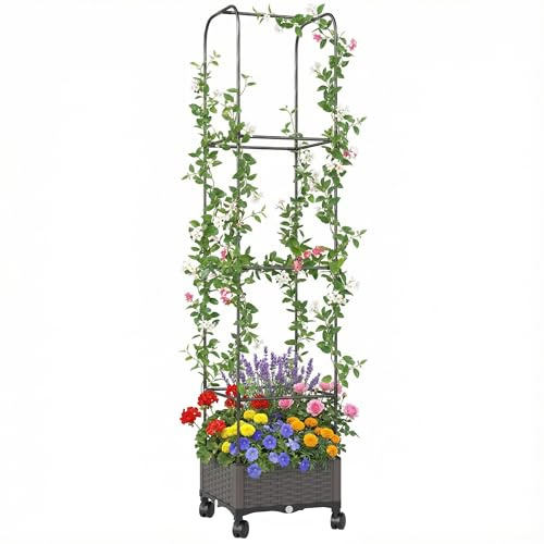 Outsunny Upphöjd säng med spaljé, mobil blomlåda med rulle, dräneringshål, planteringslåda av plast, planteringskruka, blomkruka, ranklåda för klätterväxter, trädgård 40 x 40 x 185 cm