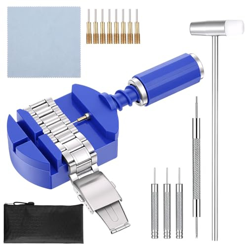 SHENLIU 16teilig Uhrenarmband Reparatur Werkzeug Set, uhrmacherwerkzeug Set | Uhrenarmband Verbindungsstift Entferner Reparatur WerkzeugSet von Hammer Federstegwerkzeug Stahlstanzer für Uhrenarmbänder