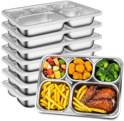 8er Set Edelstahl Geteilte Snackbox mit Deckel, 5-fach Unterteilte Teller