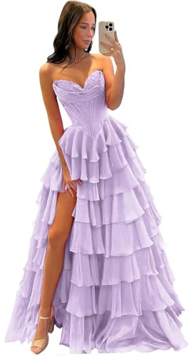 BABYONLINE D.R.E.S.S. Robe de Bal Bustier Volants Fente Haute, Robe de Soirée Élégante Corset Structuré pour Bal de Promo Mariage Gala