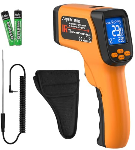 Surpeer Infrared Thermometer Temperature Gun 1472°F, 12:1 Laser IR | Temp with K-Type Probe -4°F to 572°F for HVAC, Engine, Cooking, Pizza Oven, Griddle, BBQ & Industrial Maintenance
