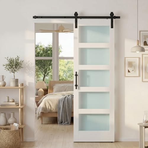 HOMCOM Porta Scorrevole Esterna 71.2x213.4cm in Vetro Satinato, MDF e Pino, Binario Silenzioso in Acciaio, Kit Ferramenta, Maniglia Migliorata, Porta da Interno Stile Industriale, Impermeabile, Bagno