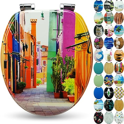 SANFINO® Premium Toilet Seat with Soft Close - Wooden Toilet Lid, lots of colourful and decorative designs, high seating comfort, easy to install including instructions - Colorful Houses