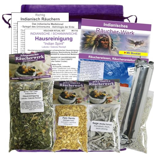 SCHAMANISCHE Hausreinigung 10-TLG Räucherset. 3X Räucherwerk Hausreinigung + Palo Santo + Sage. 6 x ZUBEHÖR + Anleitungen + Booklet & Säckchen. 81702-2