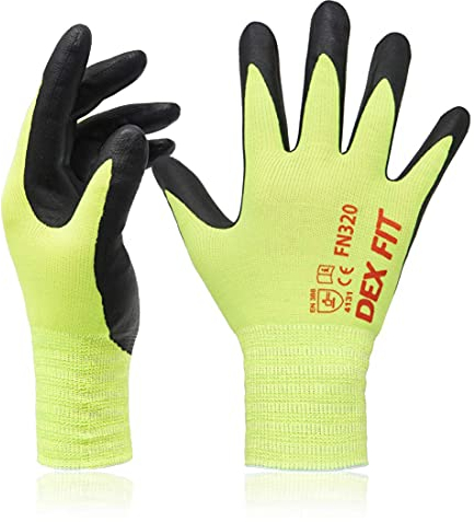 DEX FIT Nylon Work Gloves FN320, 3D Comfort Fit, Power Grip, Lightweight, Touchscreen for Men & Women, Breathable & Flexible for Yard Work DIY Mechanic Warehouse; Neon Green 7 (S) 3 Pairs