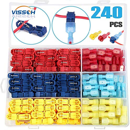 VISSQH 240Pcs T Abzweigverbinder,stromdiebe kfz，T-Tap Elektrische Steckverbinder, 120 pcs T-Abzweigverbinder + 120 pcs Flachstecker (Rot ×80Pcs, Blau × 80Pcs, Gelb × 80Pcs)