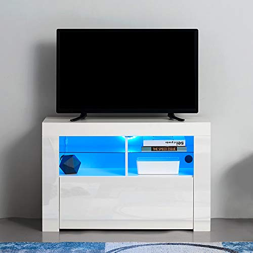 Panana Modern TV Stand Unit Cabinet with LED Lights High Gloss Door TV Entertainment Cabinet with Storage Drawer and Shelves for Living Room (White)