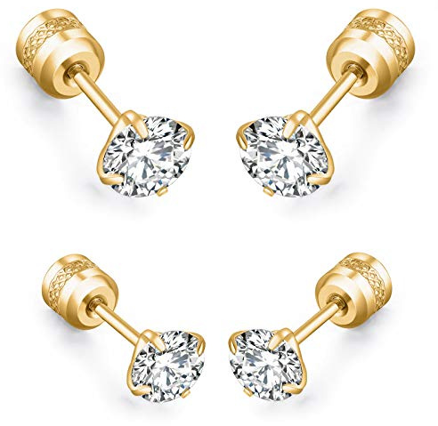 day.berlin Ohrstecker Damen 4er Set 18k vergoldet | kleine Zirkonia Kristall Stecker 3mm & 4mm aus 316L Edelstahl, Ohrringe nickelfrei & wasserfest
