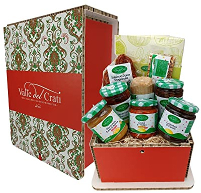 Valle del Crati Cesto Regalo di Pasqua con 9 Prodotti | Cesto Pasquale con Nduja, Salsiccia, Formaggio, Fichi al Cioccolato, Creme, Sottoli ed altro | Cestino di Pasqua