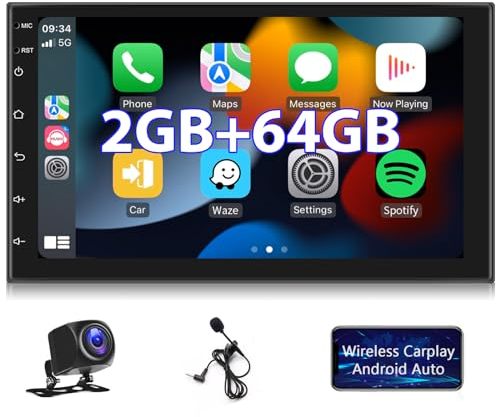 Android Autoradio 2G+64G Wireless Carplay Android Auto Doppel Din Radio mit Navi 7 Zoll Touchscreen Bildschirm GPS Navigation Bluetooth WiFi FM RDS Media-Receiver Rückfahrkamera ISO-Adapterkabel