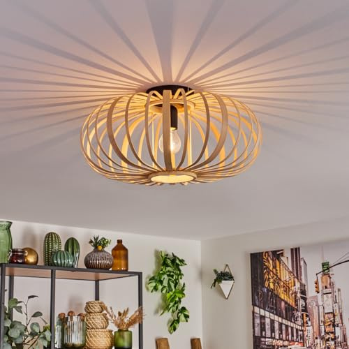 HOFSTEIN Deckenleuchte Oravi, Deckenlampe aus Metall/Holz/Bambus in Schwarz/Natur, Leuchte im Boho/skandinavischen-Design mit tollem Lichteffekt, Ø 45 cm, E27, Wohnzimmer, Esszimmer, Schlafzimmer