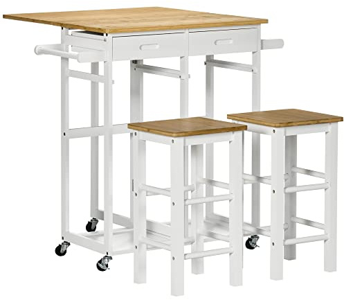 HOMCOM Set tavolo da bar, carrello da cucina, tavolo da cucina, pieghevole, ruote + 2 sgabelli, bianco e legno chiaro, 2 cassetti e portastrofinacci
