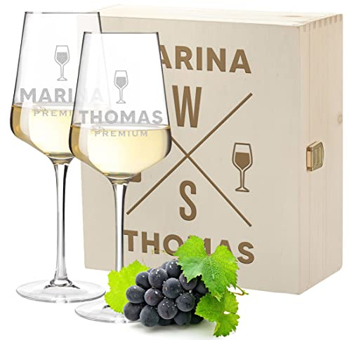 Set de vin 3 pièces avec Gravure personnalisée Motif Verre à vin de qualité supérieure – 2 Verres à vin Blanc Leonardo Puccini 560 ML, 1 boîte en Bois – Durable – Boîte en Bois – Boîte en Bois