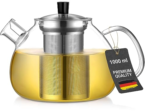ecooe Théière argentée en verre borosilicate - 1000 ml - Avec passoire amovible en acier inoxydable 18/8 - Résistant à la chaleur - Pour thé noir et vert
