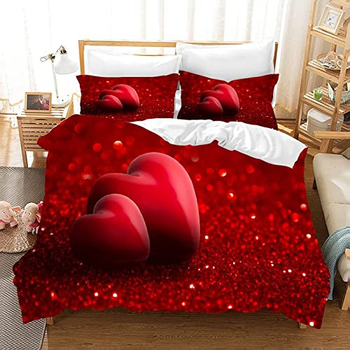 TAKOLI Bettwäsche 135 x 200 3D rote Herzen, Weiche Microfaser Liebe Glitzer Bettwäsche Set 2 teilig - für Partner Paare Bettbezug & 1 Kissenbezüg 80x80, mit Reißverschluss