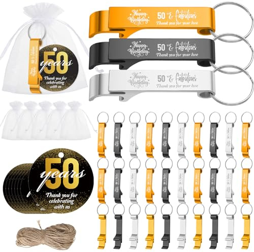 Dandat 54 Sets 50th Birthday Party Favors for Guests Birthday Bottle Opener | Cheers to 50 Beer Opener Keychain, Thank You Cards and Gift Bags, Anniversary Wedding Party Favors