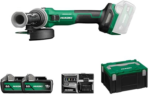 HiKOKI Akku-Winkelschleifer - 18 V, 125 mm Scheiben-Ø - Brushless, Kick-Back-Stopp, Bremse, Auto-Modus, Antivibrationsgriff, werkzeugloser Schutz - Inkl. 2 x 5.0 Ah Akkus, Ladegerät und HSC III Koffer