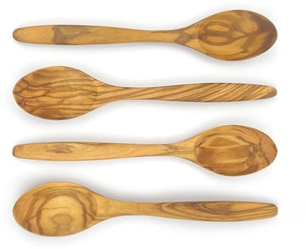 WONDERFUL 100% Natural Olive Wood Spoon, 7 Inch Wooden Spoons for Eating, Perfect for Mustard/Sugar/Salt/Honey/Soup/Tea/Coffee/Smooth/Dessert, Safe & non-toxic Spoons for Kids (4)