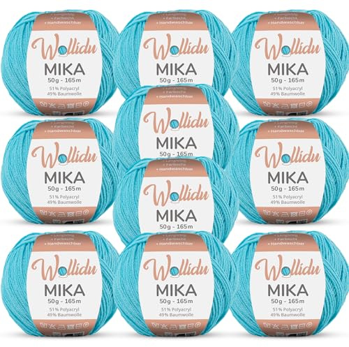 Wollidu Mika Stickgarn, 51 % polyakryl, 49 % bomull, för virkning och stickning, Oeko-Tex, 10 x 50 g, 165 m, turkos