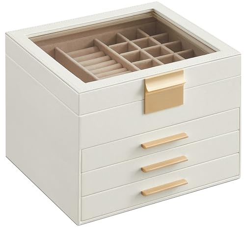SONGMICS Schmuckkästchen, Schmuckkasten 4 Ebenen, Schmuckbox mit Glasdeckel, 3 Schubladen, Schmuckaufbewahrung, Stauraum, modern, Geschenkidee, 20,3 x 23,1 x 16,5 cm, wolkenweiß-golden JBC173W01
