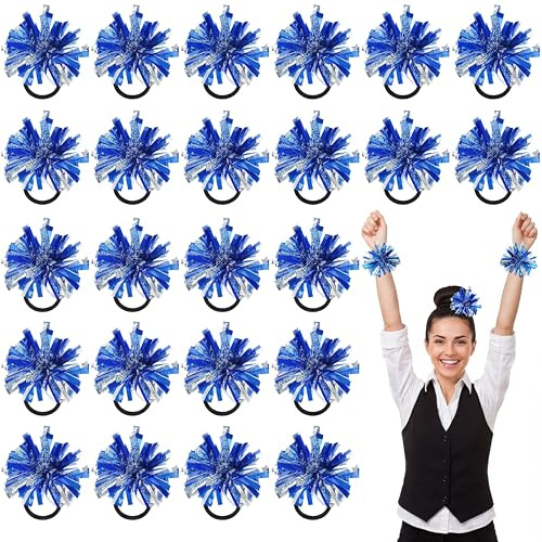 Shappy 24 Pcs 2 Color Mini Pom Poms Hair Ropes for Football Cheerleading 4 Inch Ponytail Holder for Team Spirit Sports Dance Cheer (Blue)