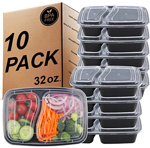 KINGHON 2 Fächer Meal Prep Container, Kunststoff Bento Lunchbox mit Luftdichten Deckel, BPA Frei Wiederverwendbare Essen Boxen, Gefrierschrank, Mikrowelle Spülmaschinenfest - 10 pack,32 oz