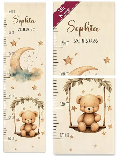 Kind Holz - Messlatte süßer Bär mit Name und Datum I Kindermesslatte I Babymesslatte - 120-180 cm - Holz - kinder baby height measuring from 50cm bärenmotiv bären kindermesslatten holz, bear