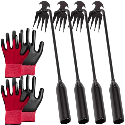 olybell Unkrautstecher aus Edelstahl, geschmiedeter Unkrautentferner, 4 Zähne, Doppelzweck-Unkrautjäter, Handjäter für Gartenarbeit mit langem Griff (schwarz, 4 Stück)