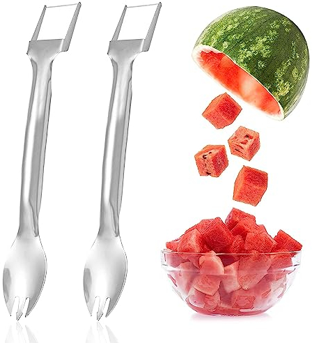 Cortador de sandías,Cortador de melón,Cortador de sandía de 2 piezas de acero inoxidable de doble cabeza,Tenedor de sandía portátil 2 en 1,Herramienta de corte de pastel de frutas multiusos para
