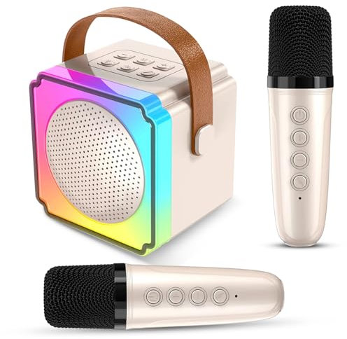 Auney Micrófono Karaoke Niños con 2 Micrófonos,Karaoke Infantil Bluetooth Portátil con Luces LED y Efectos de Cambio de Voz, Regalo para Niños Niñas Juguete (Beige)
