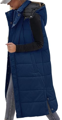 Vancavoo Gilet Donna Lungo Smanicato Invernale Giacca con Cappuccio Senza Maniche Caldo Piumino Lunga Imbottito Gilet con Tasche,Blu navy,M