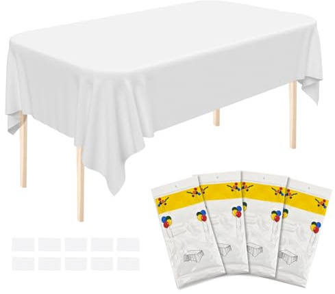 4pcs White Plastic Tablecloth 137x274cm Rectangular Waterproof Wipe Clean | Includes 10 Hook and Loop Fasteners for a Secure Fit, Washable Surface Suited for Parties, Weddings and Everyday Use