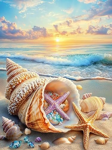 MOMAKA 5D Diamond Painting Kits Conch för vuxna, gör-det-själv 5D diamantmålningssatser Skal Sjöstjärnor Full Drill for Beginners, Rund Borr DIY Crystal Picture Art for Home Wall Decor 30x40 cm