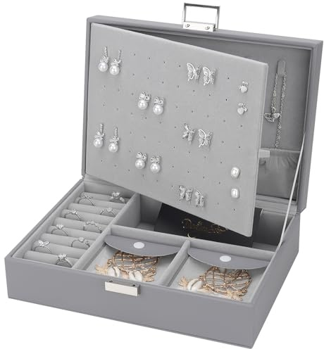 DesignSter Caja Joyero con 2 Niveles de PU, Joyeros Mujer Organizador Grande con 8 bolsillos pequeños para joyas, organizador de joyas para collares, pendientes, pulseras y anillos, Gris