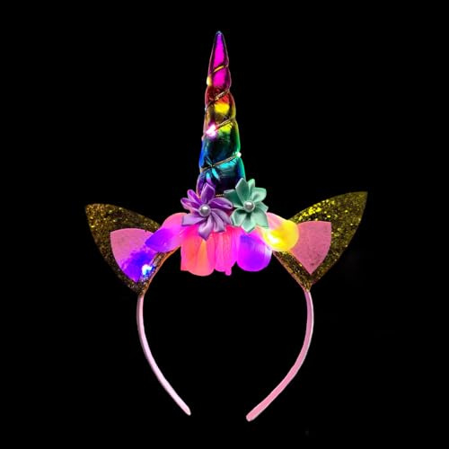 BF Souvenirs LED Einhorn Haarreif – blinkend & leuchtend Einhorn Kopfschmuck für Kinder & Erwachsene – Haarreif Einhorn mit Horn & Glitzer-Ohren – Party, Kindergeburtstag, Fasching, Karneval