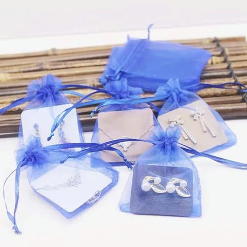 Organza Geschenk Mesh Candy Favour Pouches, DIY 50 Stück 7 x 9 cm Organzabeutel mit 50 Stück inneren Halskettenkarten oder Ohrringkarten Ohrring-Verdrängungskarten 5 x 5 cm Halsketten-Displaykarten(Bl