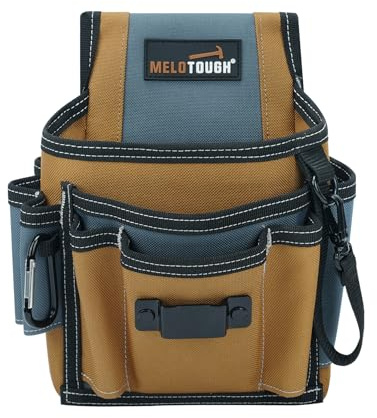 MELOTOUGH Small Tool Pouch for Belt,Electrician Tool Pouch,Belt Holster with 13 Pockets,Small Organizer for Electrician with Clip (Brown)
