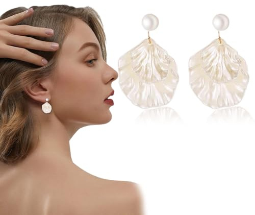 WUSJCOF Muschelohrringe für Damen, Perlenohrringe in Muschelform, Vintage-Boho-Ohrringe, Meerjungfrauen-inspirierter Schmuck, weiße Perlmutt-Muschel-Ohrringe für Frauen und Mädchen