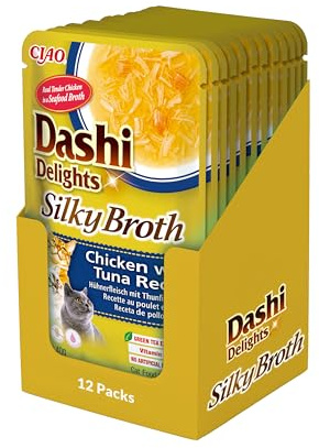 INABA Dashi Delights Silky Broth, Nassfutter für Katzen mit Huhn und Thunfisch, in feiner Fischbrühe, Proteinreich, Natürliche Zutaten, 40 g (12er Pack)