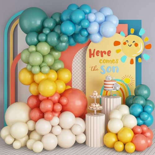 Kit de guirlande d'arche de ballons rétro bohème, 163 ballons rétro bleus, orange, jaune moutarde, 45,7 cm, 25,4 cm, 12,7 cm, décorations de fête pour fête d'anniversaire, fête prénatale, mariage