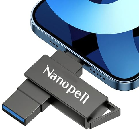 【Mit APP】 Nanopell USB Stick 64GB, USB Stick für lphone zum Speichern von Mehr Fotos und Videos. Speicherstick für i0S/Android/PC, Mit i0S und USB-Anschluss, Separater Typ C Adapter.