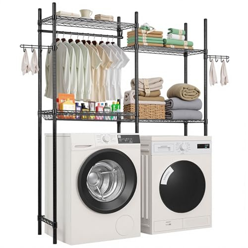 VEVOR Estante de Almacenamiento para Lavadora y Secadora, Tendedero de 4 Niveles con Barra y Ganchos, Estantes Ajustables de Dos Filas para Lavadora, Ahorra Espacio para Lavadero, Color Negro