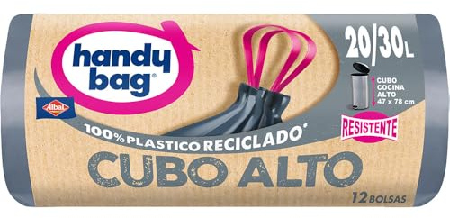 Handy Bag Bolsas de Basura Cubo Alto - Bolsas para cubo de basura alto de cocina, extra resistente y antigoteo, autocierre, 100% plástico reciclado, 20-30L, 12 bolsas