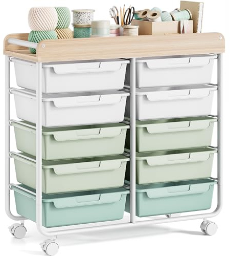 10-Drawer Craft Organizer Trolley Cart, Green