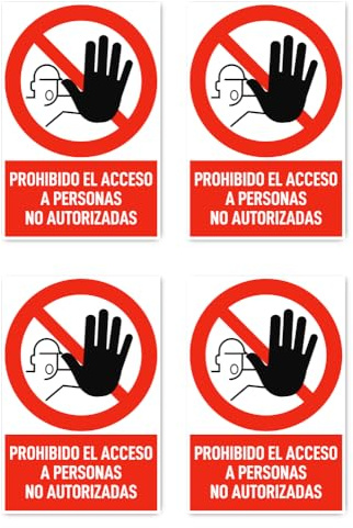 Pegatinas: 150 x 100 mm, 4 unidades – Prohibido el acceso a personas no autorizadas – Señales de prohibición con texto (Español) (rojo/blanco) – Alto – DIN EN ISO 7010 / ASR A1.29