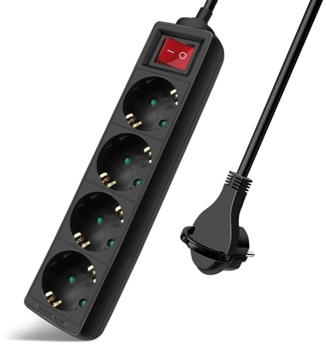 EXTRASTAR Regleta Alargador con 4 Enchufes e Interruptor, Cable 1.5M Clavija Plana, para el hogar, Oficina y Viajes, 16A, 250V, 3680W, Negro